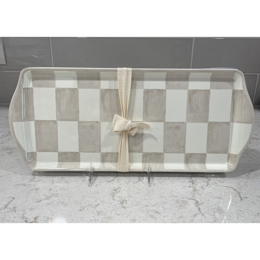 Set 2 Checkered 15” Brown Tan Melamine Serving Trays Shiny Finish Platter Tray